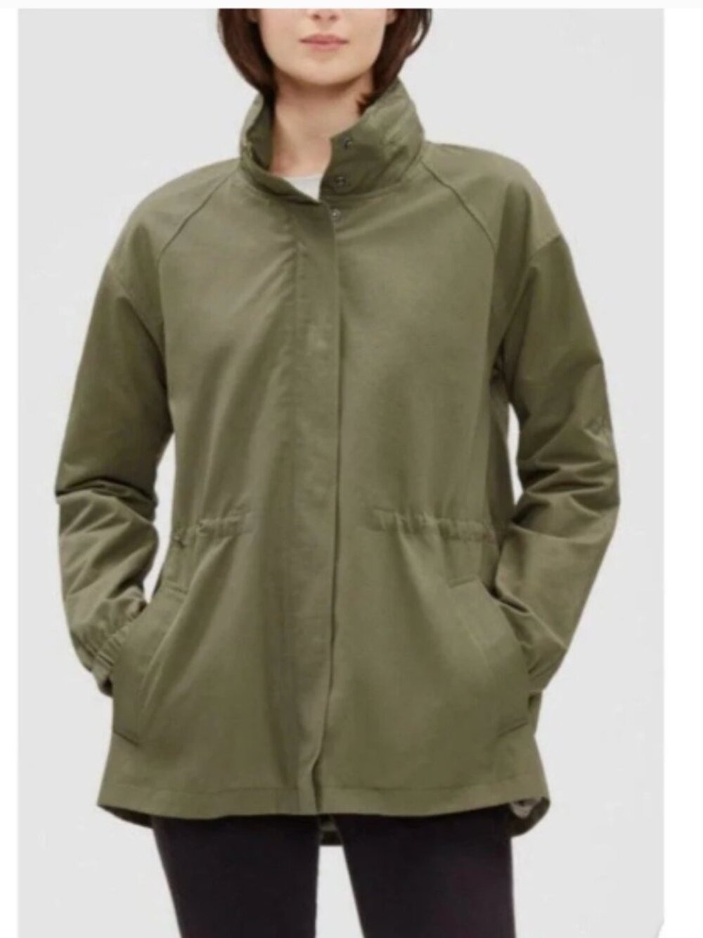 Eileen Fisher Olive Green Organic Cotton Blend Windbreaker Hooded Jacket XXS
